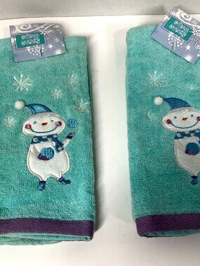 Snowman Kitchen Towels Set 2 Aqua Blue Winter Holiday Dish Towels New
